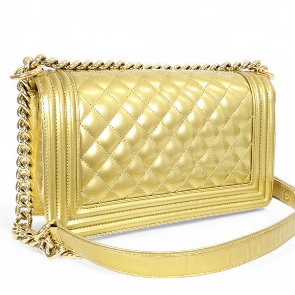 ✨️Super Rare Authentic Chanel Boy Flap Gold Quilted Patent Medium Bag - Picture 10 of 16